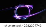 Magic fantasy portal. Round light frame, Futuristic teleport. light effect. Blue, purple, neon lights illuminate the night scene with sparks on a transparent background. Light effect of an empty podiu