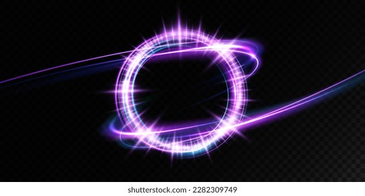 Magic fantasy portal. Round light frame, Futuristic teleport. light effect. Blue, purple, neon lights illuminate the night scene with sparks on a transparent background. Light effect of an empty podiu