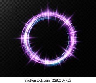 Magic fantasy portal. Round light frame, Futuristic teleport. light effect. Blue, purple, neon lights illuminate the night scene with sparks on a transparent background. Light effect of an empty podiu