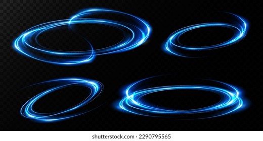 Magic fantasy portal. Round light frame, futuristic teleport. light effect. Blue, neon lights illuminate the night scene with sparks on a transparent background. empty podium light effect