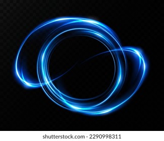 Magic fantasy portal. Round light frame, futuristic teleport. light effect. Blue, neon lights illuminate the night scene with sparks on a transparent background. empty podium light effect