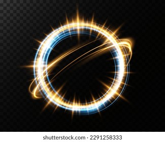 Magic fantasy portal. Round light frame, futuristic teleport. Blue and gold neon lights. Illumination of the night scene with sparks on a transparent background. Light effect of an empty podium.
