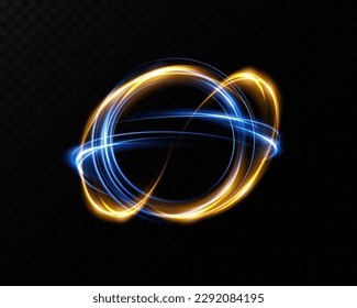 Magic fantasy portal. Round light frame, futuristic teleport. Blue and gold neon lights. Illumination of the night scene with sparks on a transparent background. Light effect of an empty podium.
