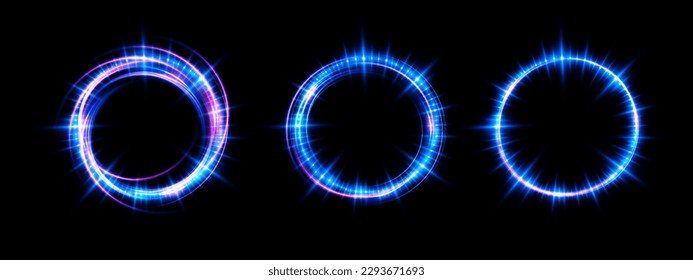 Magic fantasy portal. Round light frame, Futuristic teleport. light effect. Blue, purple, neon lights illuminate the night scene with sparks on a transparent background. Light effect of an empty podiu