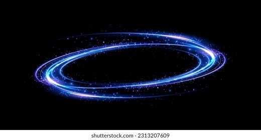 Magic fantasy portal. Round light frame, Futuristic teleport. light effect. Blue, purple, neon lights illuminate the night scene with sparks on a transparent background. Light effect of an empty podiu