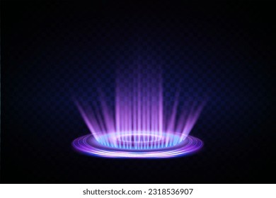 Magic fantasy portal. Round light frame, Futuristic teleport. light effect. Blue, purple, neon lights illuminate the night scene with sparks on a transparent background. Light effect of an empty podiu