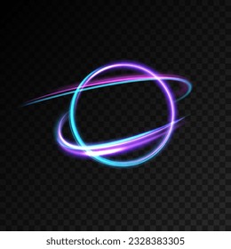 Magic fantasy portal. Round light frame, Futuristic teleport. light effect. Blue, purple, neon lights illuminate the night scene with sparks on a transparent background. Light effect of an empty podiu