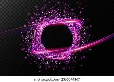 Magic fantasy portal. Round light frame, with small particles of dust, futuristic teleport. Blue, purple, neon lights illuminate the night scene with sparkles on a transparent background. Light effect