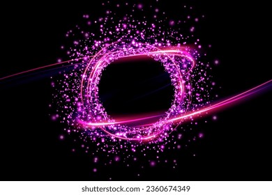 Magic fantasy portal. Round light frame, with small particles of dust, futuristic teleport. Blue, purple, neon lights illuminate the night scene with sparkles on a transparent background. Light effect
