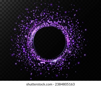 Magic fantasy portal. Round light frame, with small particles of dust, futuristic teleport. Blue, purple, neon lights illuminate the night scene with sparkles on a transparent background. Light effect