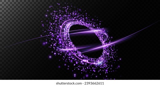 Magic fantasy portal. Round light frame, with small particles of dust, futuristic teleport. Blue, purple, neon lights illuminate the night scene with sparkles on a transparent background. Light effect