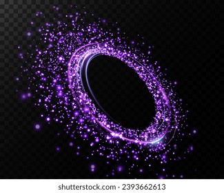Magisches Fantasy-Portal. Rundlichtrahmen, mit kleinen Staubpartikeln, futuristischer Teleport. Blau, violett, Neonleuchten beleuchten die Nachtszene mit Funkeln auf transparentem Hintergrund. Lichteffekt