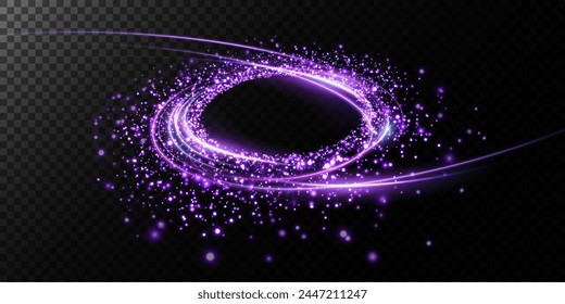 Magic fantasy portal. Round light frame, with small particles of dust, futuristic teleport. Blue, purple, neon lights illuminate the night scene with sparkles on a transparent background. Light effect