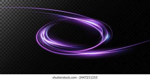 Magic fantasy portal. Round light frame, with small particles of dust, futuristic teleport. Blue, purple, neon lights illuminate the night scene with sparkles on a transparent background. Light effect