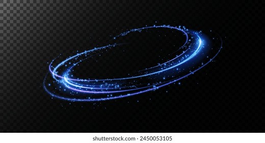 Magic fantasy portal. Round light frame, with small particles of dust, futuristic teleport. Blue, purple, neon lights illuminate the night scene with sparkles on a transparent background. Light effect