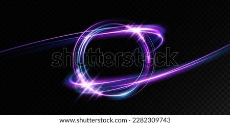 Magic fantasy portal. Round light frame, Futuristic teleport. light effect. Blue, purple, neon lights illuminate the night scene with sparks on a transparent background. Light effect of an empty podiu