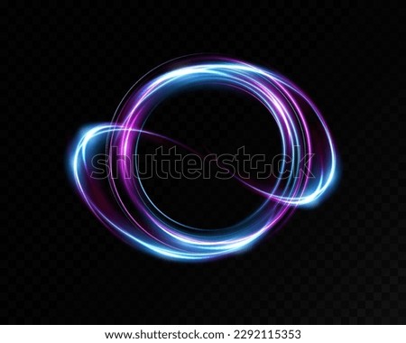 Magic fantasy portal. Round light frame, Futuristic teleport. light effect. Blue, purple, neon lights illuminate the night scene with sparks on a transparent background. Light effect of an empty podiu