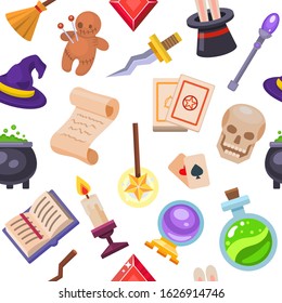Magic fantasy tools set collection vector illustration seamless pattern. Mystery fairytale circus illusion carnival magic show. Magic wand, skull, scroll, hat, rabbit, doll, pot, candle background.