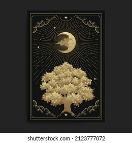 Magic fantasy tree and engraving hand drawn style  luxury  celestial  esoteric  boho style  fit for spiritualist  religious  paranormal  tarot reader  astrologer tattoo vector