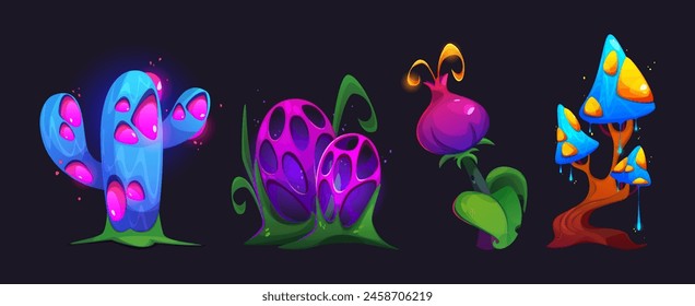 Magic fantasy wonderland tree, flower and mushroom. Cartoon vector illustration set of game neon glowing fantastic plants for bizarre alien forest design. Beautiful luminous strange garden vegetation.