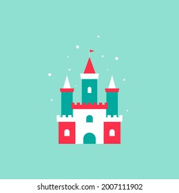 Magic farirytale Castle with stars. Cartoon icon. Tower, fortress. fairy tale, magic, fantasy logo. Holiday card. Vector illustrarion isolated on powder blue background