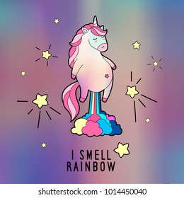 Magic farting unicorn illustration. Greeting card with trendy pink unicorn. Holographic back gift card. Vector illustration. Northern lights print