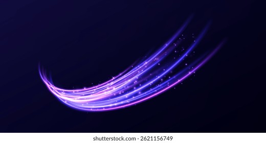 Magic of fast moving lines. Laser beams, horizontal light beams equipped with small particles of light, circle shining on a dark background. Swirling streams of neon light.