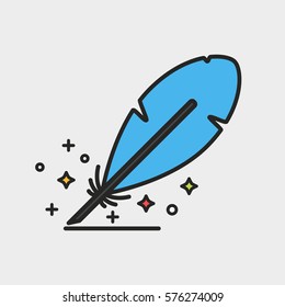 Magic feather black line vector with stars