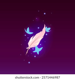 Magic feather with glowing butterflies and sparks vector flat illustration. Cartoon bird plume. Wicca fairytale symbol, esoteric and occult game item drawing on purple background