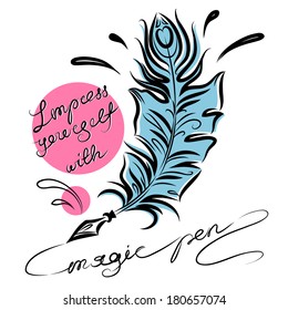 Magic feather pen with ink ornate lettering