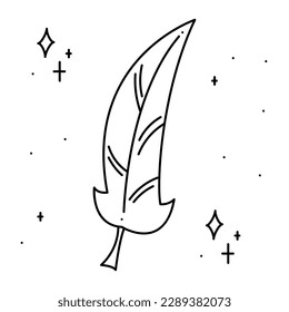 Magic feather surrounded by stars. Doodle vector illustration, clipart.
