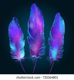 Magic feathers with space texture inside. Trendy hipster element, logotype, tattoo design sketch. Colorful gradient. Isolated vector illustration. Pastel goth colors.