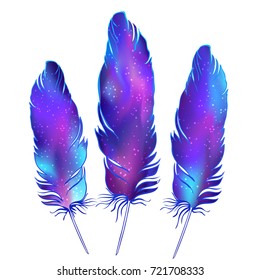 Magic feathers with space texture inside. Trendy hipster element, logotype, tattoo design sketch. Colorful gradient. Isolated vector illustration. Pastel goth colors.