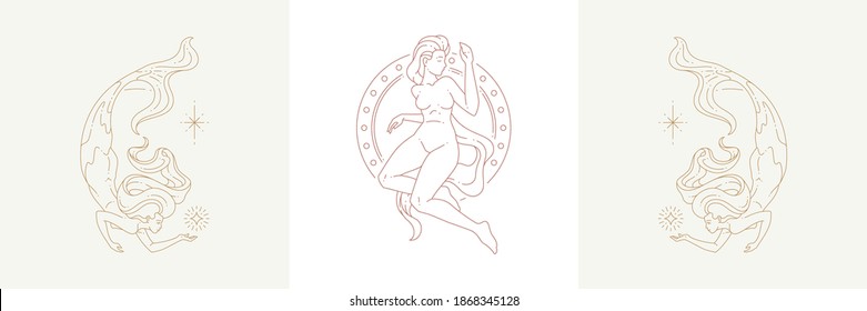 Magic female creature and mermaid in boho linear style vector illustrations set. Bohemian emblems in golden lines with ancient womans symbols for mystic design and mythological belief