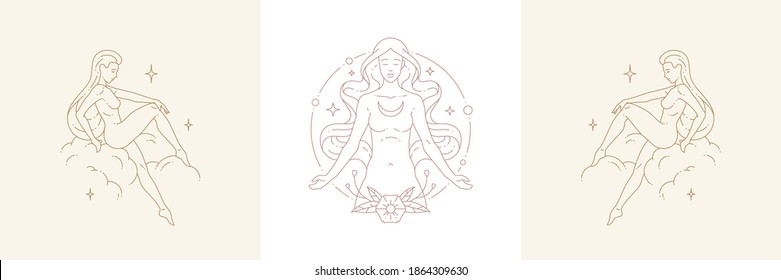 Magic female creature and woman on cloud in boho linear style vector illustrations set. Bohemian emblems in golden lines with womans symbols for mystic design and mythological belief