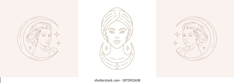 Magic female creatures and woman with moon crescent in boho linear style vector illustrations set. Bohemian emblems in golden lines with feminine symbols for mystic design and cosmetic logo