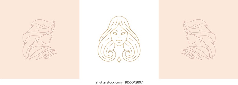 Magic female enchantresses in boho linear style vector illustrations set. Bohemian emblems in golden lines with beautiful woman faces symbols for mystic design and cosmetic packaging