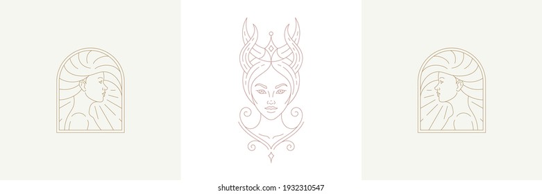 Cara mágica femenina y mujer con peinado de belleza en conjunto de ilustraciones vectoriales de estilo lineal boho. Emblemas bohemias en líneas doradas con símbolos femeninos para marca mística y logotipo cosmético