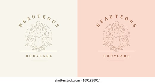 Magic female with flowers logo emblem design template vector illustration in minimal line art style. Linear woman silhouette for beauty salon logotype or body care brand insignia