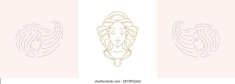 Cabezas mágicas femeninas y mujer con peinado de belleza en conjunto de ilustraciones vectoriales de estilo lineal boho. Emblemas bohemias en líneas doradas con símbolos femeninos para diseño místico y logotipo cosmético