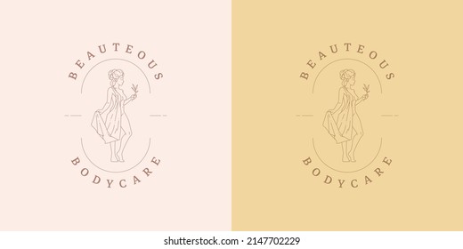 Magic female with leaves logo emblem design template vector illustration in minimal line art style. Linear woman silhouette for beauty salon logotype or body care brand insignia