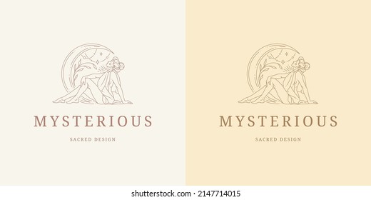Magic female with moon crescent logo emblem design template vector illustration in minimal line art style. Linear woman silhouette for beauty salon logotype or body care brand insignia