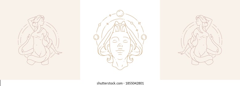 Magic female nature enchantress and snake in boho linear style vector illustrations set. Bohemian emblems in golden lines with dreaming woman goddess symbol for mystic design and astrology concept