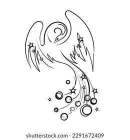 Magic fire bird. Black and white vector graphics