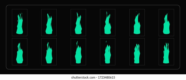 Animierung der Magischen Feuerflamme Grüner Feuereffekt-Sprites-Blatt für Lagerfeuer, Cartoon oder Animation, Spieldesign und Dekoration. Vektorfeuerrahmen. EPS-10 Vektorgrafik.