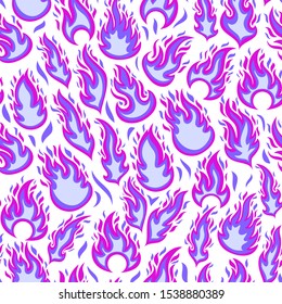 Magic fire flames cartoon seamless pattern. Violet burning, lightning effect color decorative texture. Mystic hot flame curls illustrations. Web, wrapping paper, textile, background vector fill