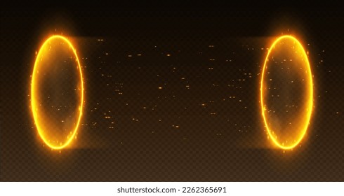 Magic fire portal, realistic teleport tunnel with smoke and sparkles, futuristic glowing golden neon rings. Vector illustration. svg