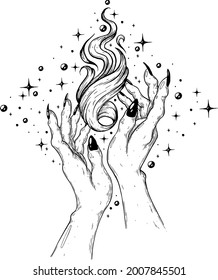 Magic with fire. Pyrokinesis. Witchcraft. Handmade vector art illustration. Made with pen and ink.