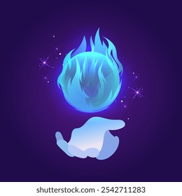 Bola de fuego mágica. Vector ilustración de dibujos animados. Mano de mago. Pelota. Fuego azul, resplandor.