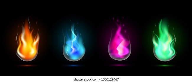 Magic fireballs flames set. Realistic orange, blue, pink, green fire isolated on black background. Special burning light effect with sparks collection for design and decoration. Vector Illustration